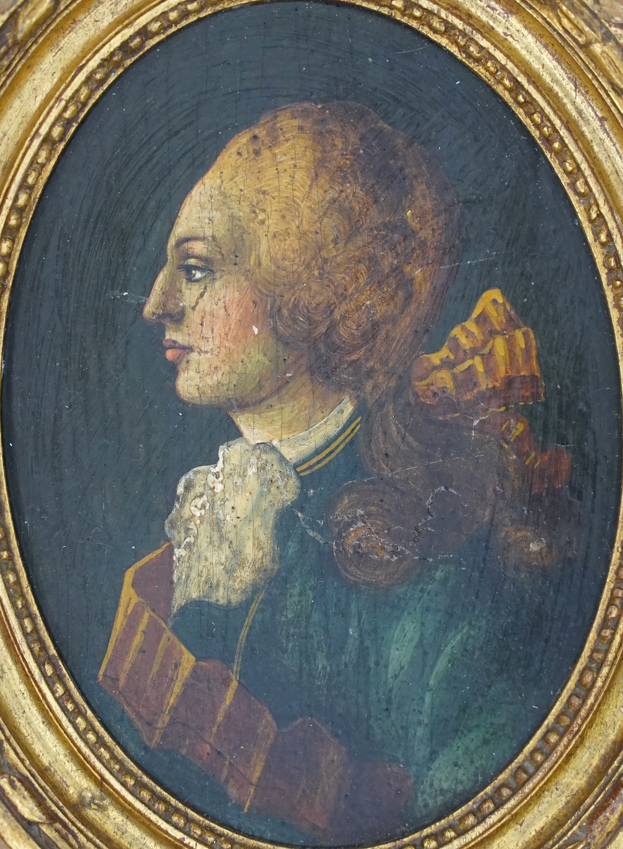 Early 20th century, pair of oval oils on panel, Portraits of a lady and gentleman, 13 x 9cm, housed in ornate gilt frames